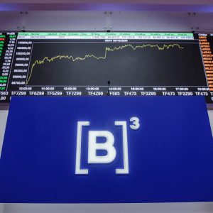 Fotografia da sede da B3 com logo da empresa abaixo e um painel do Ibovespa acima. A matéria trata de projeção do Ibovespa para 2025.