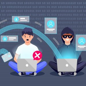 Imagem de dois homens sentados diante de um computador. Um deles está enviando dinheiro e dados para um golpista virtual