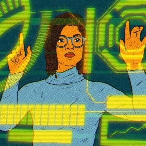 A ilustração mostra uma mulher de óculos e blusa azul olhando e mexendo em um painel digital.