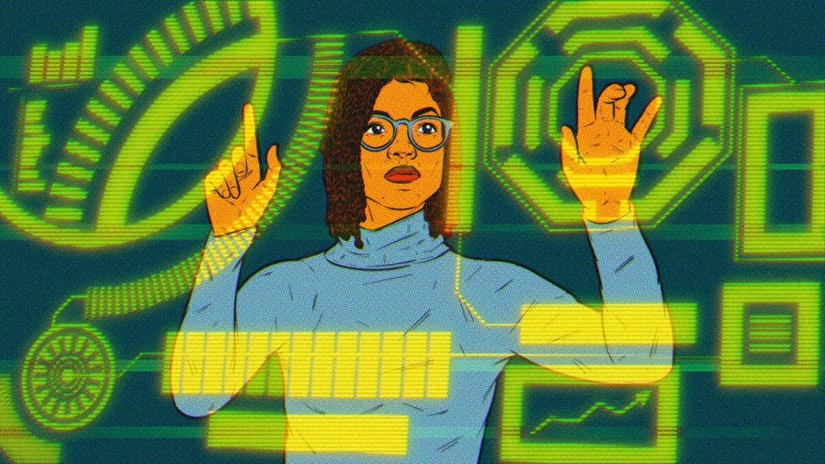 A ilustração mostra uma mulher de óculos e blusa azul olhando e mexendo em um painel digital.
