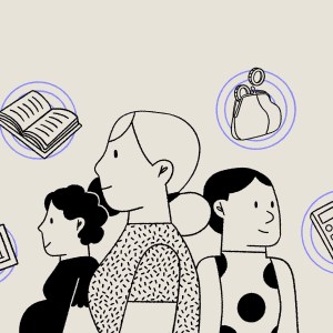 Ilustração de três mulheres. Em volta, há também alguns símbolos: de um livro, uma bolsa com moedas dentro, uma calculadora e um quadro com gráficos.