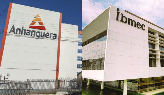 Foto de uma montagem da faculdade Anhanguera, cuja a dona é a Cogna (COGN3) e da faculdade Ibmec, cuja dona é a Yduqs (YDUQ3).