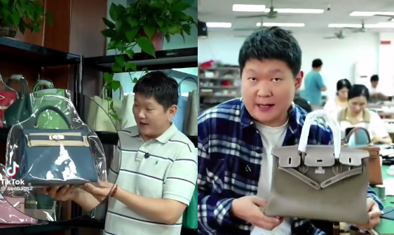 Foto de dois homens chineses segurando bolsas de couro.